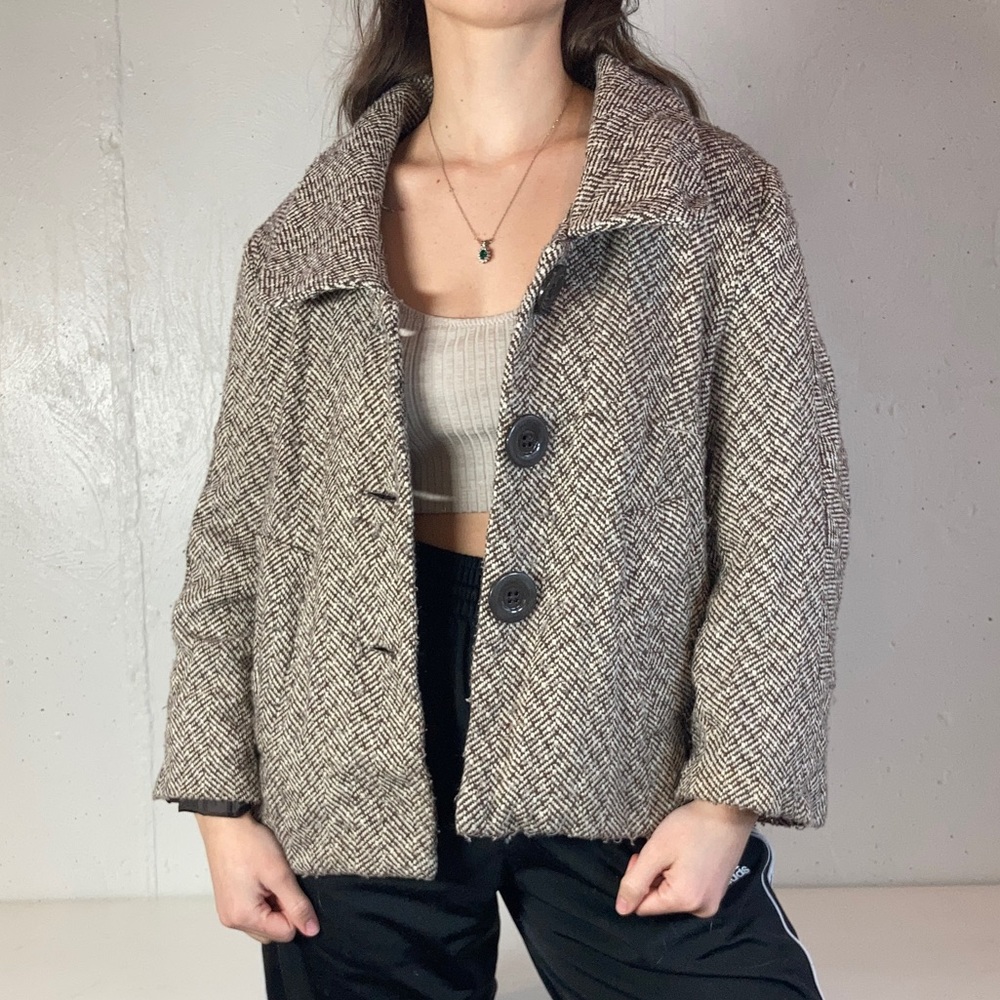 Vintage Brown + White Knot Woven Blazer Pea Coat